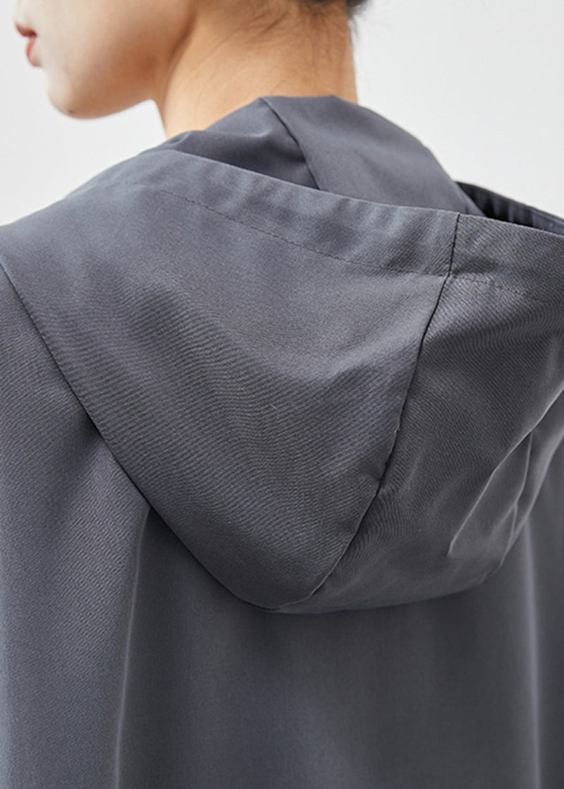 Grey Hooded Pockets Cotton Jackets Spring
