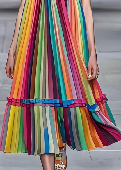 Rainbow Ruffled Striped Chiffon Holiday Pleated Dress Summer