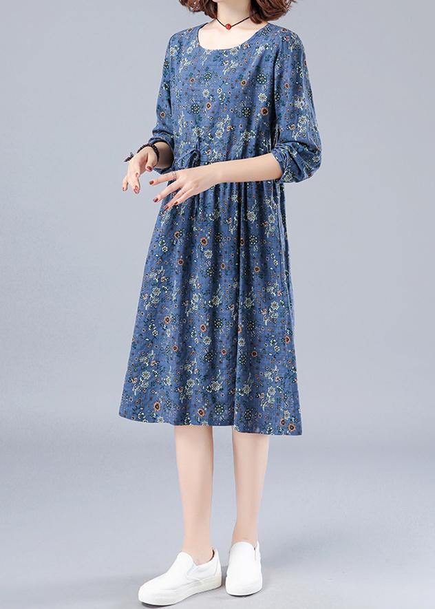 French O Neck Drawstring Spring Dresses Wardrobes Blue Print Dress