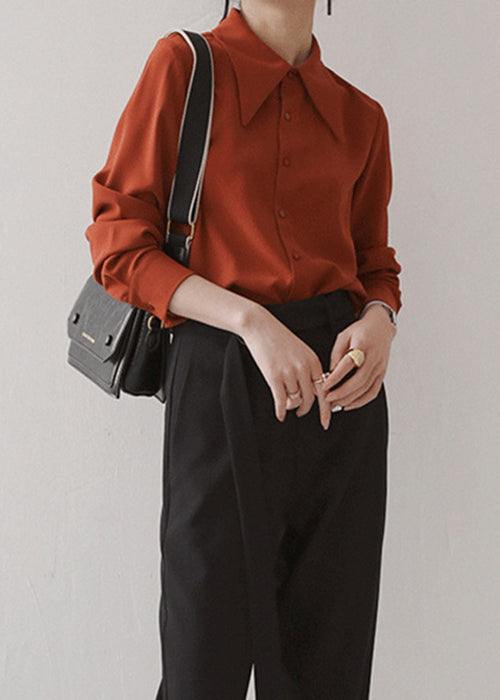 Italian Rust Button Chiffon Blouses Long Sleeve