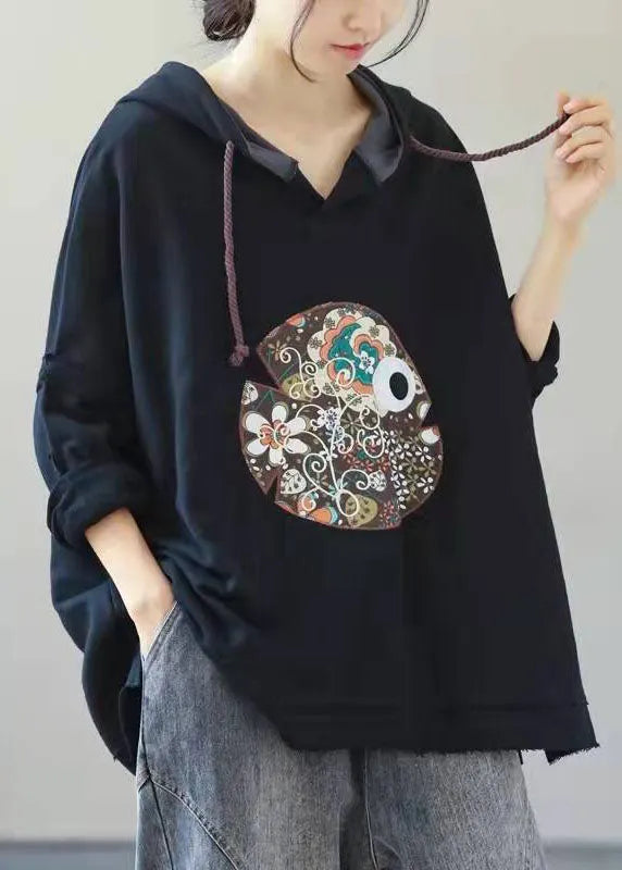 Navy Hooded Drawstring Embroideried Fall Side Open Sweatshirts Top