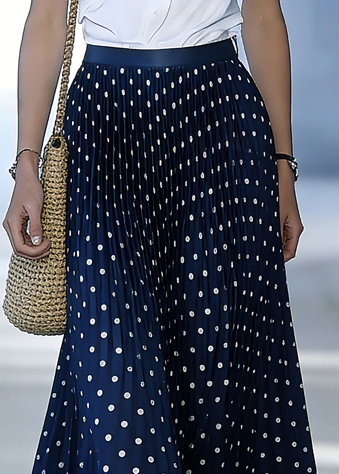 Fine Blue Elastic Waist Dot Print a Line Skirt