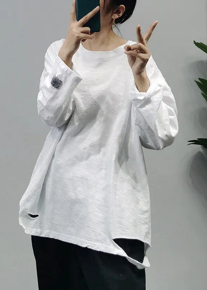 Modern White O-neck Hole Patchwork Cotton Top Long Sleeve