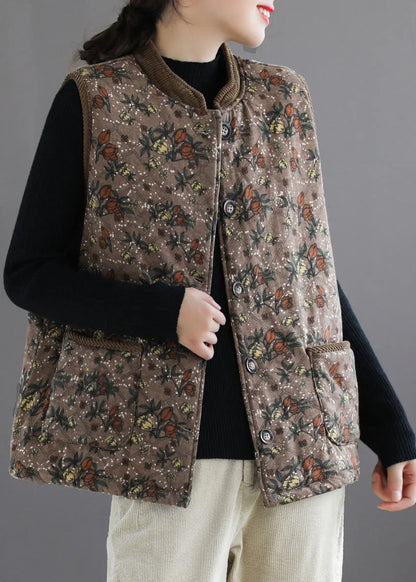Brown Stand Collar Print Fine Cotton Filled Vest Sleeveless