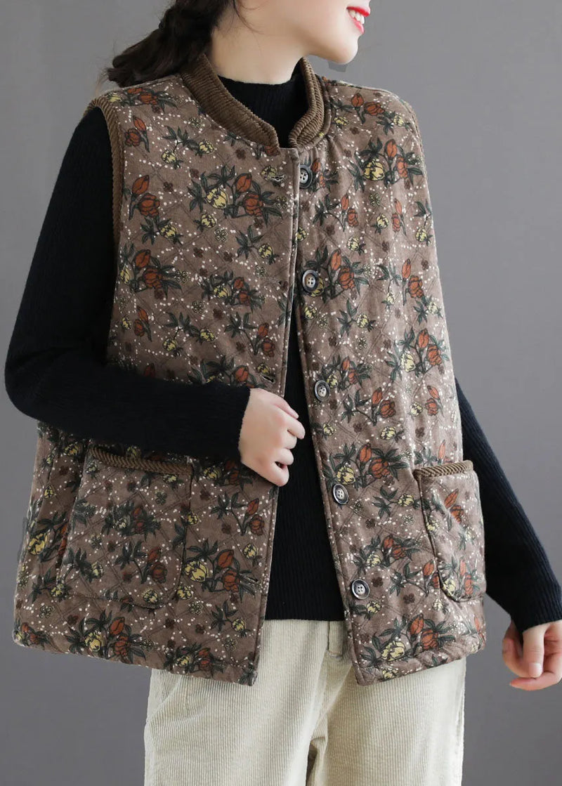 Brown Stand Collar Print Fine Cotton Filled Vest Sleeveless