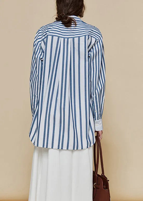 Loose Blue Peter Pan Collar Striped Cotton Shirts Fall