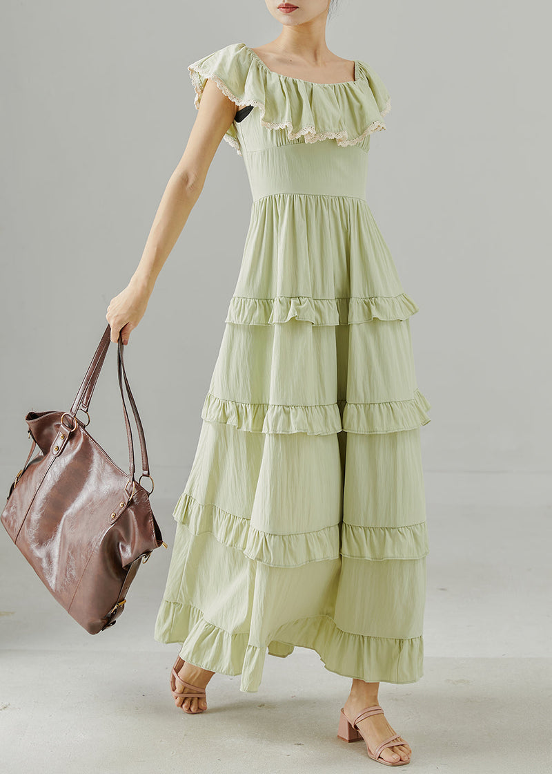 Green Ruffled Silm Fit Cotton Long Dress Summer