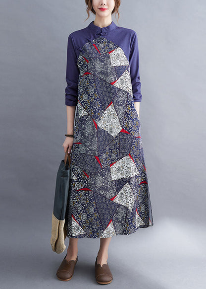 Blue Patchwork Button Asymmetrical Design Fall Holiday Dress Long Sleeve