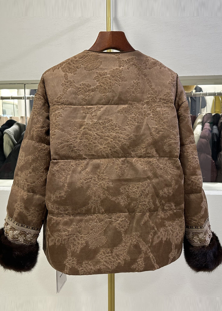 Brown Embroidered Jacquard Duck Down Jackets Winter