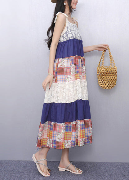 French Lace Patchwork Long Spaghetti Strap Dress Summer