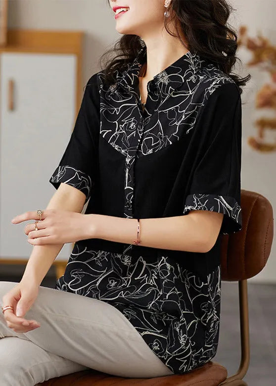 Black Peter Pan Collar Print Patchwork Button Cotton Shirt Short Sleeve