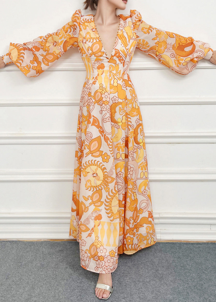 Yellow V Neck Print Nail Bead Vacation Dresses Fall