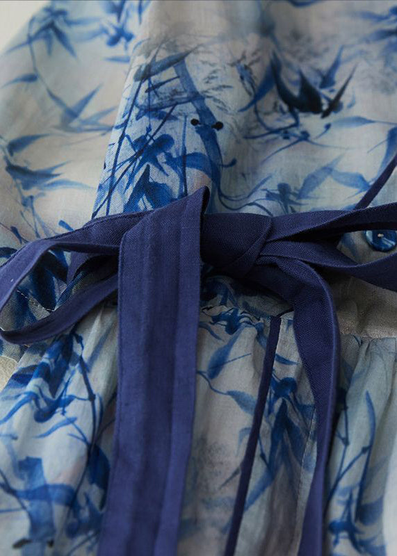 Blue V Neck Tie Waist Print Linen Cinched Dress Summer