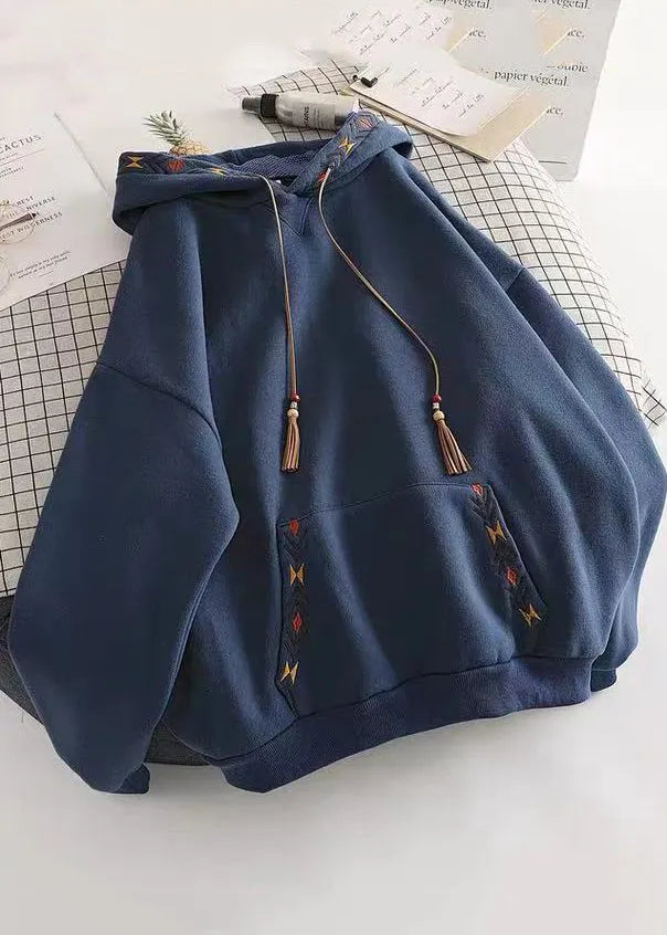 Diy Navy Hooded Embroideried Cotton Sweatshirts Top Spring