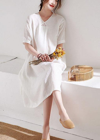 Diy White V Neck Lantern Sleeve Summer Linen Maxi Dress Half Sleeve