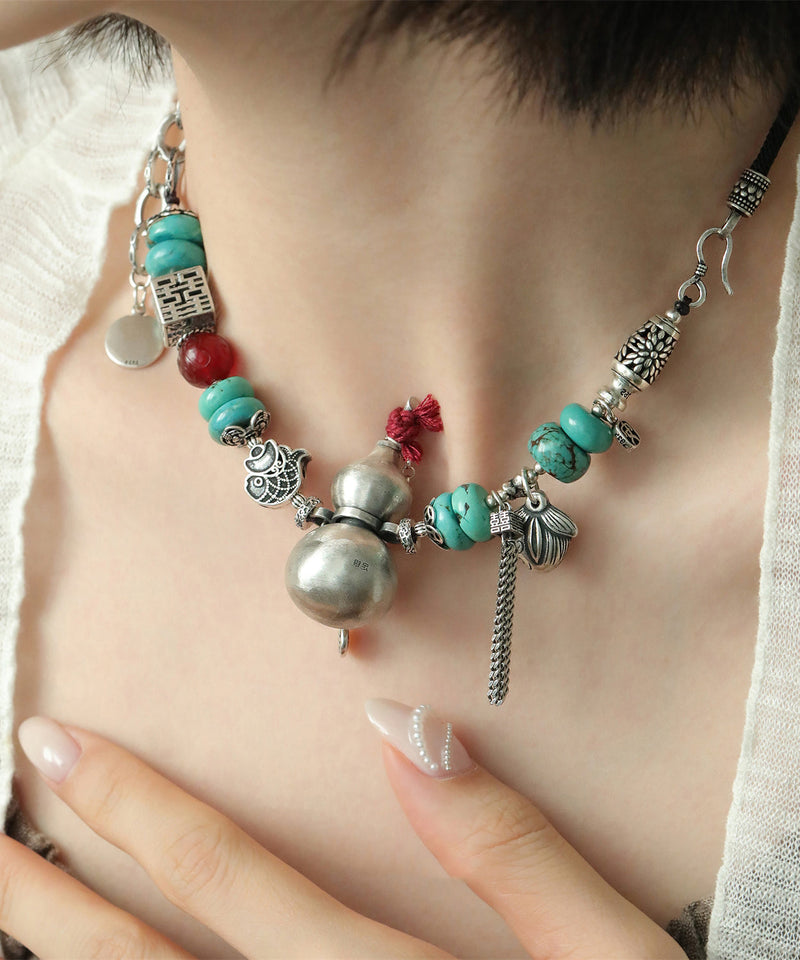 Diy Colorblock Sterling Silver Calabash Agate Double Happiness Pendant Necklace