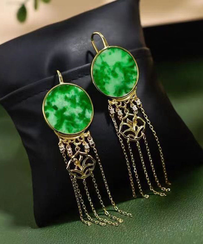Green Sterling Silver Tie Dye Round Tassel Jadeite Drop Earrings