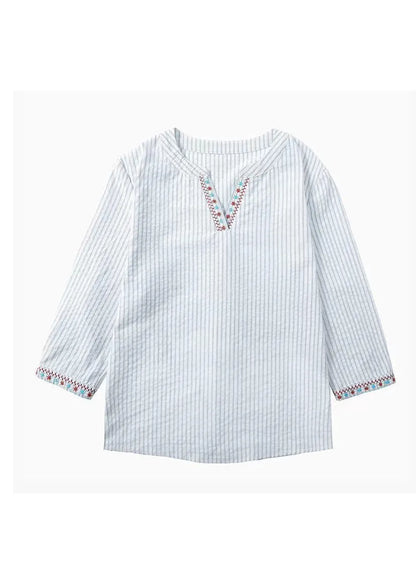 New Blue Embroidered Striped Cotton Blouses Bracelet Sleeve Fall