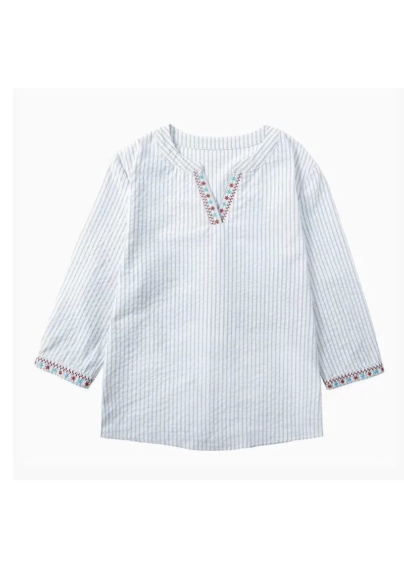 New Blue Embroidered Striped Cotton Blouses Bracelet Sleeve Fall