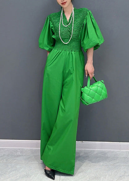 Green V Neck Wrinkled Elastic Waist Jumpsuit Summer