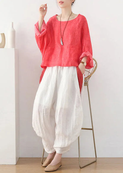 Orange Pockets Linen Pullover Sweatshirt Batwing Sleeve