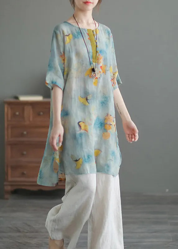 Blue O-neck Print Low High Design Linen Shirts Half Sleeve
