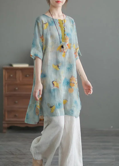 Blue O-neck Print Low High Design Linen Shirts Half Sleeve