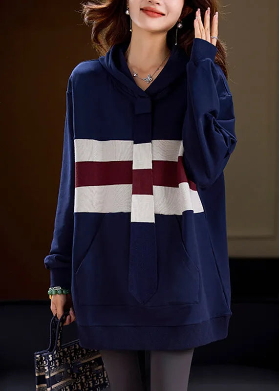 Handmade Blue Striped Patchwork Knitted Cotton Hooded Sweatshirts Spring
