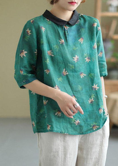 Modern Green Peter Pan Collar Print Summer Ramie Half Sleeve Tops