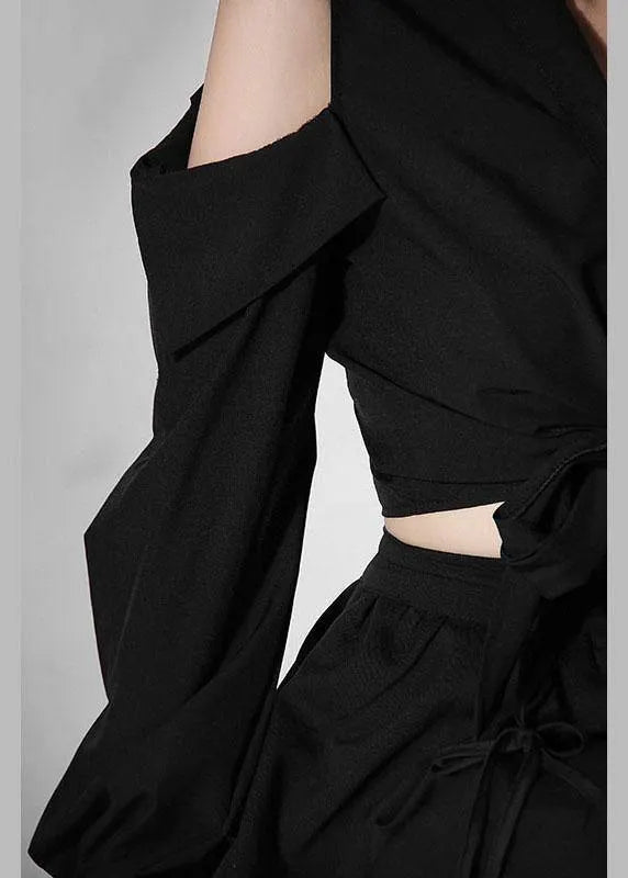 Organic Black Cold Shoulder V Neck Long Sleeve Top