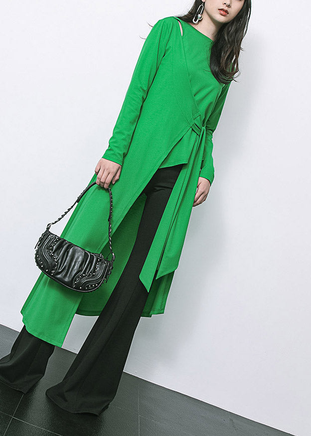 Novelty Green O-neck Asymmetrical Patchwork Tie Waist Long Top Long Sleeve