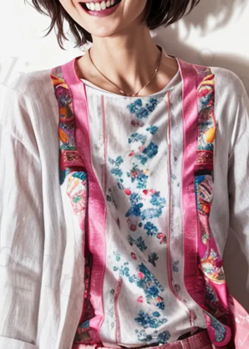 New White O Neck Print Patchwork Cotton Tops Long Sleeve