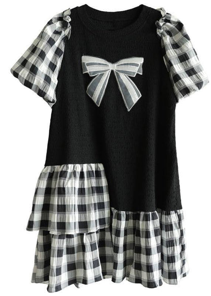 French Black Patchwork Plaid Summer Puff Sleeve Dresses