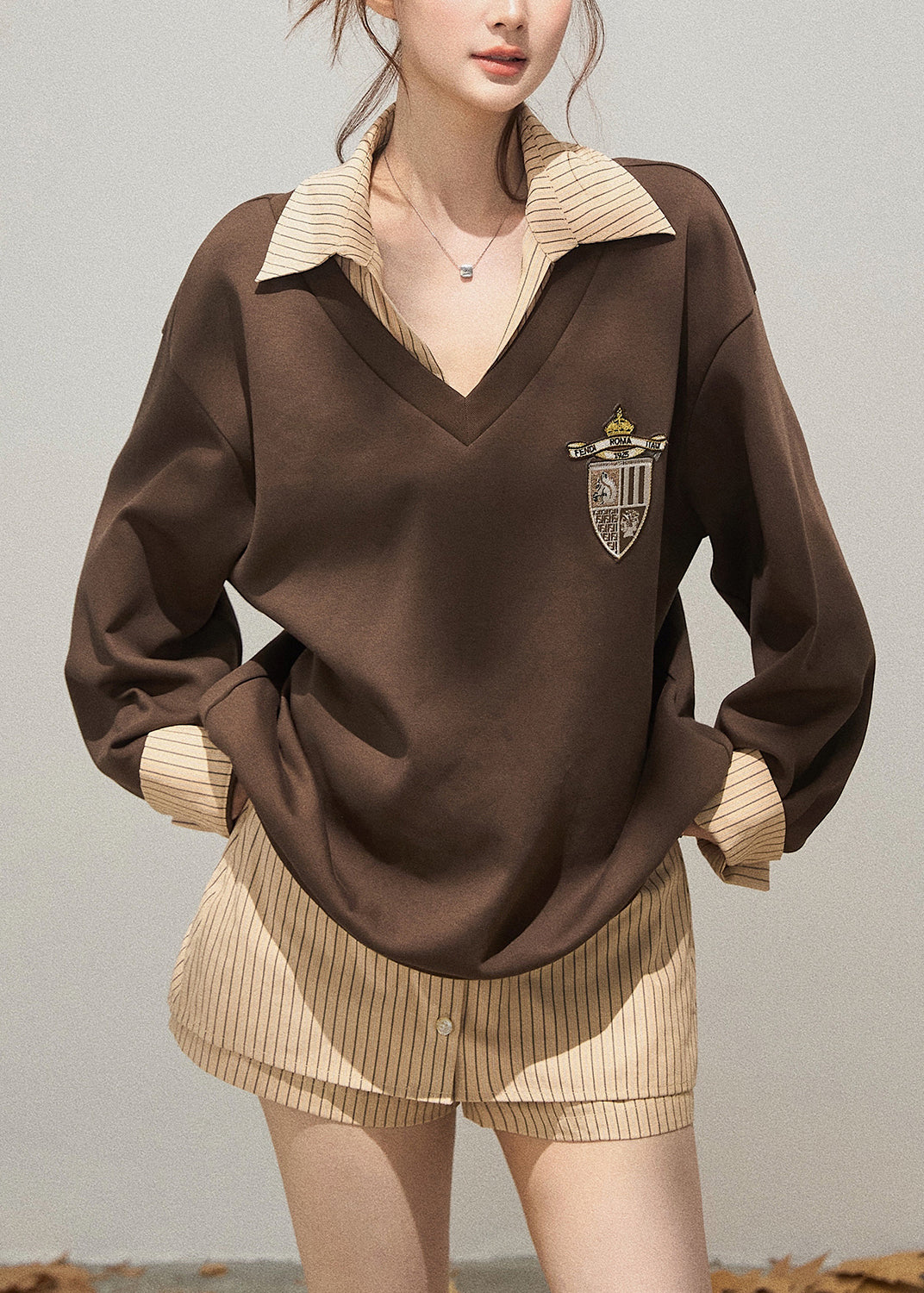 Unique Brown Oversized Patchwork Cotton Pullover Fall