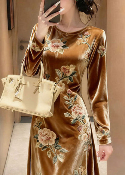 Unique Yellow O-neck Embroidered Silk Velvet Maxi Dresses Fall