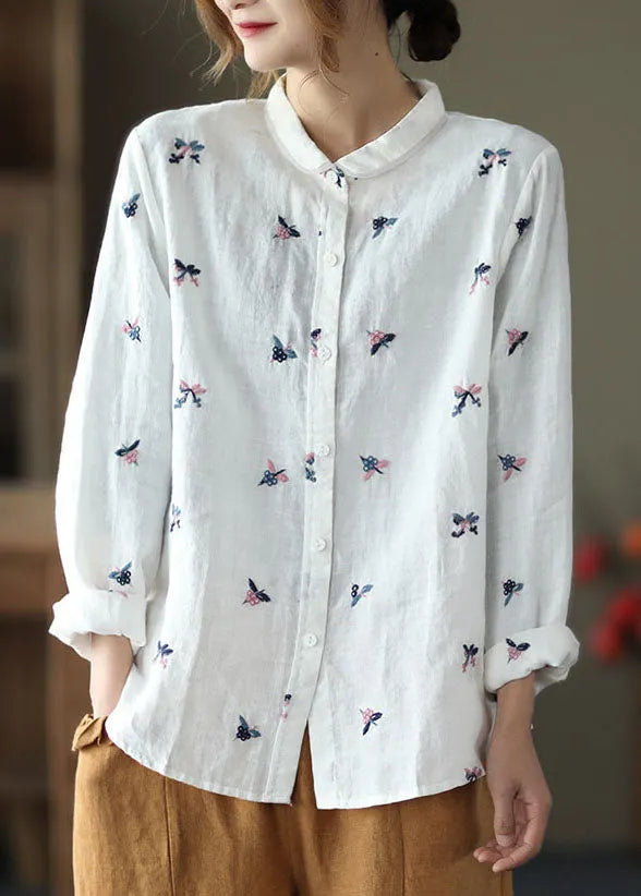 White Peter Pan Collar Embroideried Patchwork Linen Top Spring