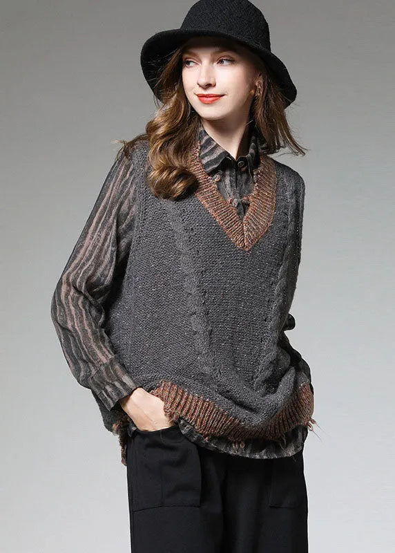 Italian Grey Patchwork V Neck Knit Fall Vest