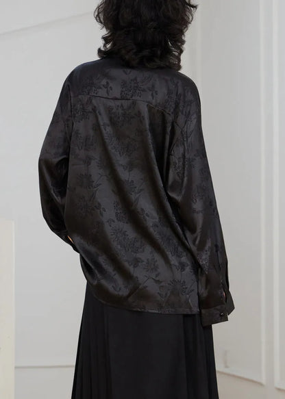 Chinese Style Black Stand Collar Button Silk Blouse Fall