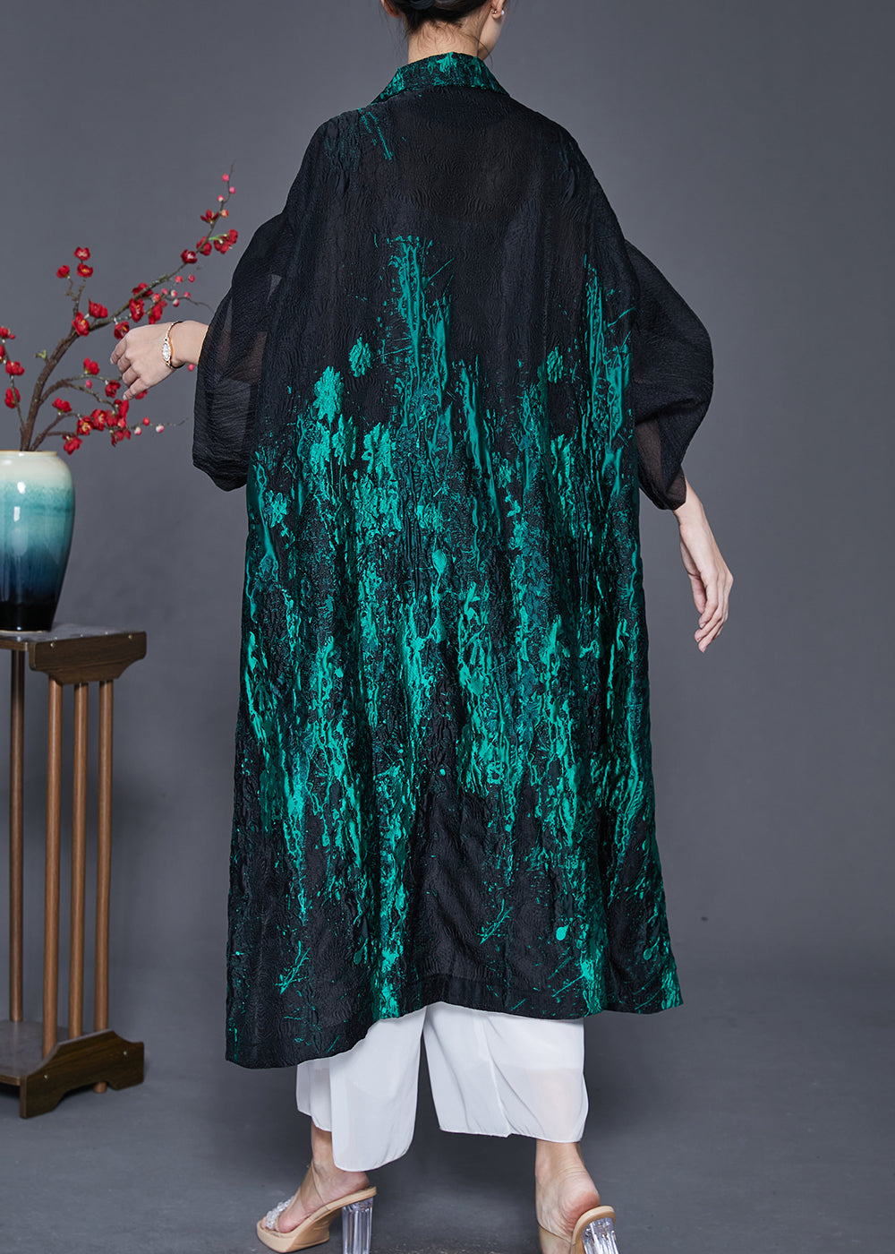 Green Oversized Patchwork Jacquard Spandex Trench Coats Spring