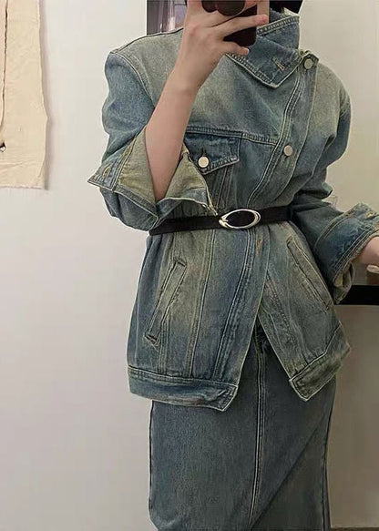 Blue Patchwork Button Sashes Denim Coats Spring