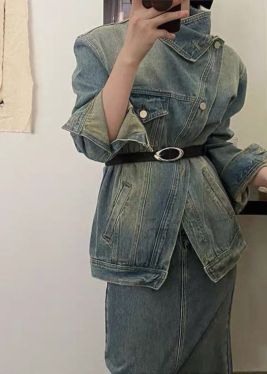 Blue Patchwork Button Sashes Denim Coats Spring