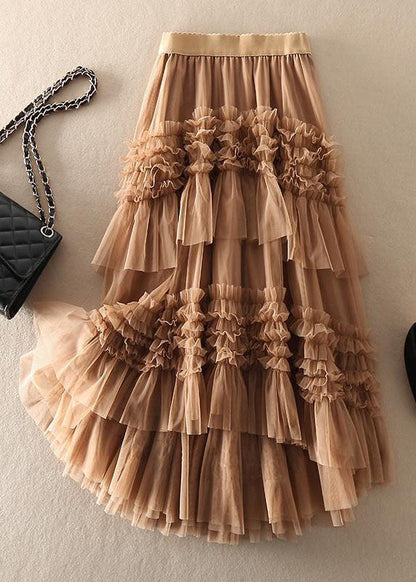 Khaki Asymmetrical Design Tulle Tiered Fall Skirt