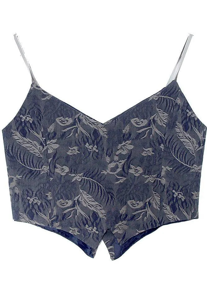 Blue Jacquard V Neck Button Spaghetti Strap Cotton Summer Tank