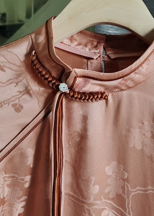 Pink Stand Collar Tasseled Patchwork Jacquard Silk Mid Dress Summer