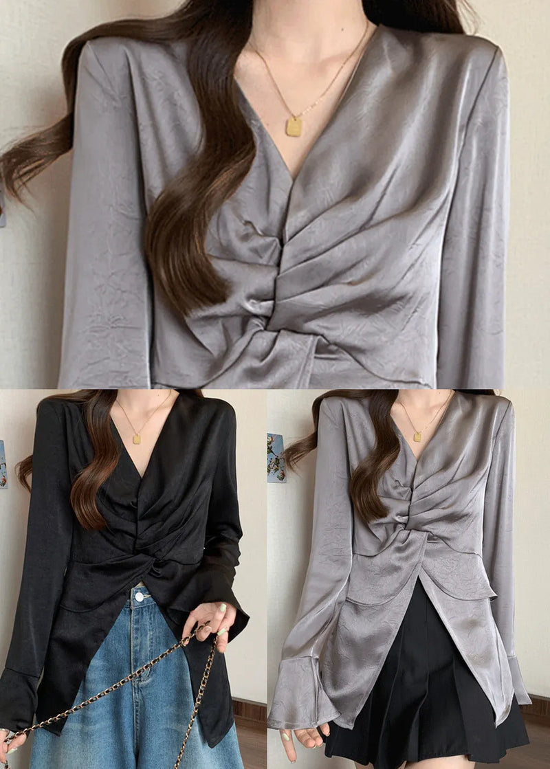 Style Black V Neck Wrinkled Silk Shirts Flare Sleeve