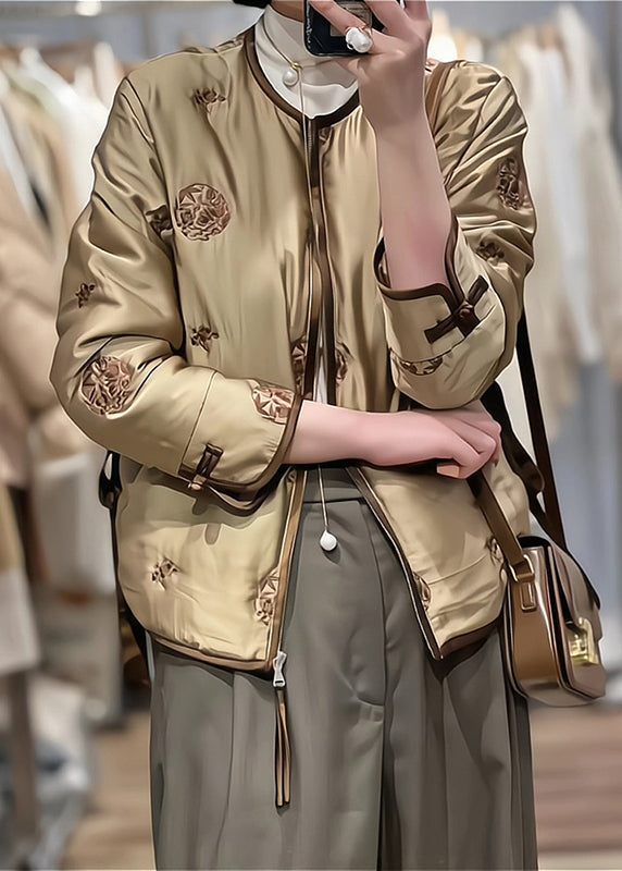 Coffee Embroideried Fine Cotton Filled Winter Coats
