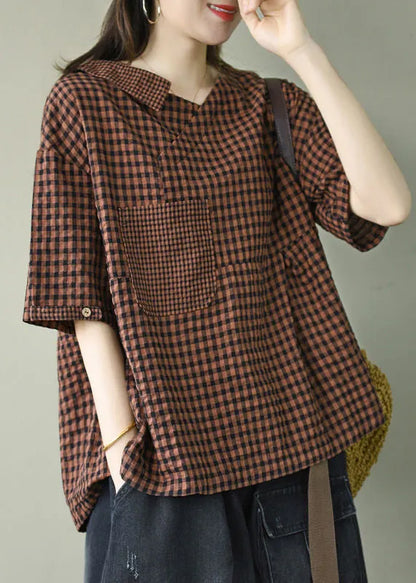 Red Pocket Patchwork Loose Linen Shirts Top Wrinkled Short Sleeve