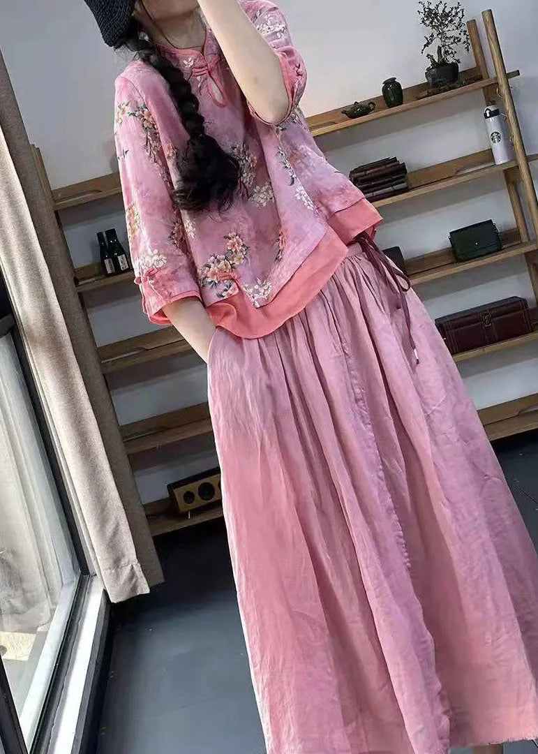 Pink Print Patchwork Blouses Half Sleeve