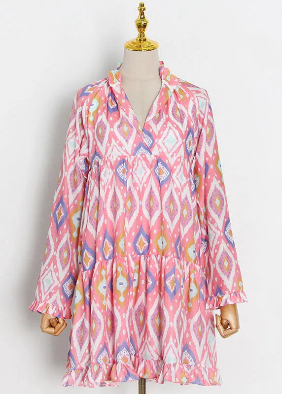 Green V Neck Ruffled Patchwork Print Top Long Sleeve