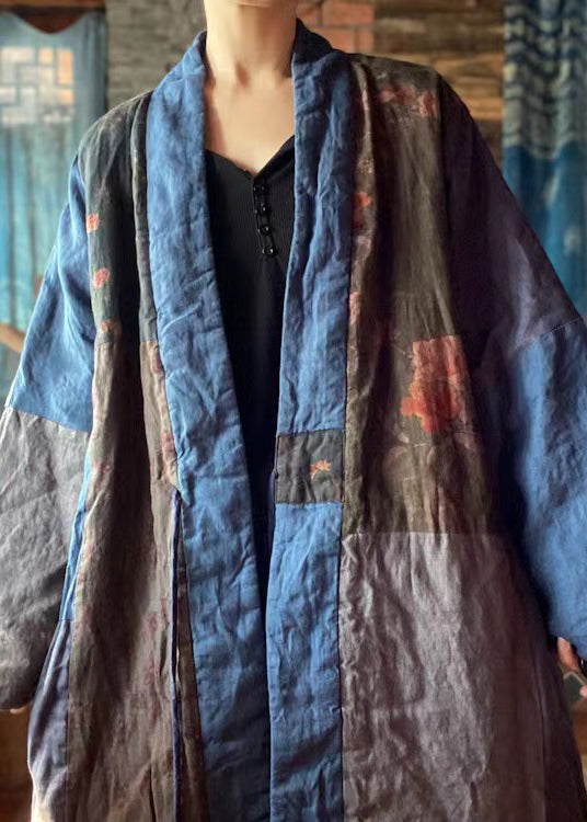 Blue V Neck Patchwork Fine Cotton Filled Coat Winter